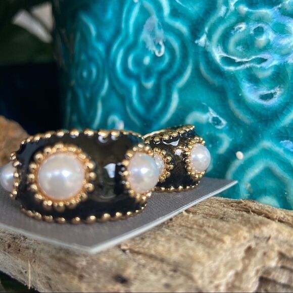 Gold Black Enamel & Pearl Daisy Fuentes Fashion Earrings $16ea / 3 for $25 - Picture 4 of 7